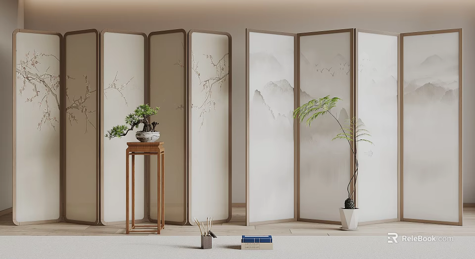 Chinese Style Screens In Interior With Plants And Decor 3d model