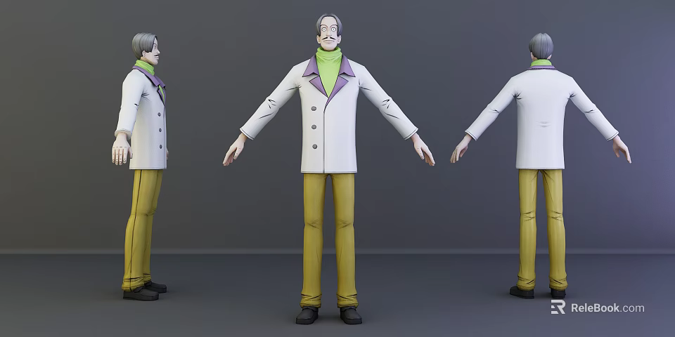 Game And Film Character 3D Model With White Coat Green Turtleneck Yellow Pants Multiple Views 3d model 