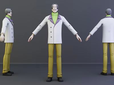Game And Film Character 3D Model With White Coat Green Turtleneck Yellow Pants Multiple Views 3d model