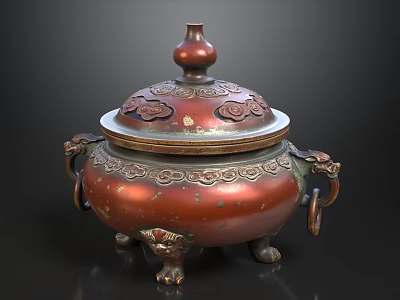 Traditional Antique Copper Incense Burner With Lid Decorative Patterns And Claw Feet 3d model