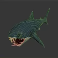 Detailed 3D Blue Shark Model With Open Mouth And Sharp Teeth On Gray Background