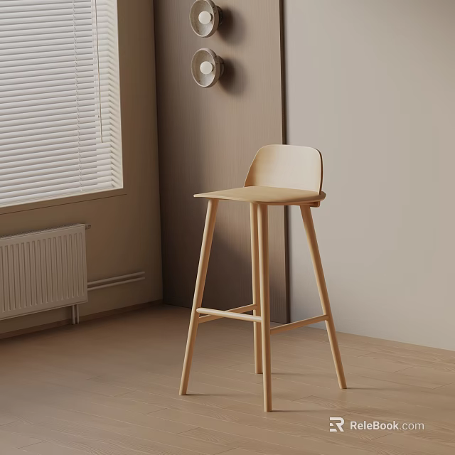 Minimalist Light Wood Bar Stool In Modern Interior With Window Blinds And Radiator 3d model 