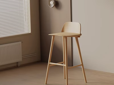 Minimalist Light Wood Bar Stool In Modern Interior With Window Blinds And Radiator 3d model