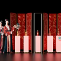 Traditional Ancient Chinese Scene With Hanfu Woman Red Calligraphy Scrolls Bamboo Frame And Greenery