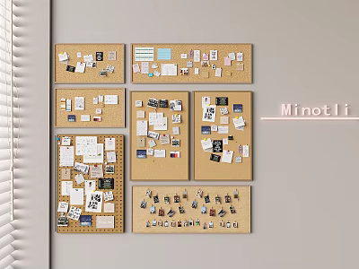 Multiple Cork Boards Photo Wall With Notes Photos And Cards Arranged On Wall 3d model