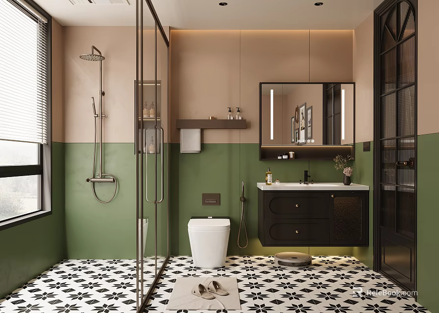 Modern Bathroom With Green Beige Walls Black White Floor Glass Shower Toilet And Vanity Mirror 3d model 