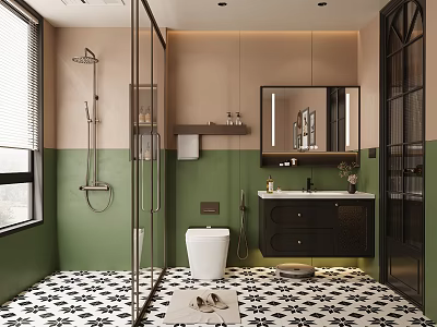 Modern Bathroom With Green Beige Walls Black White Floor Glass Shower Toilet And Vanity Mirror 3d model