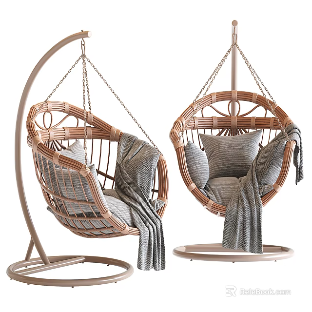 Rattan Hanging Chairs with Cozy Cushions and Blankets on Arched Stand 3d model 
