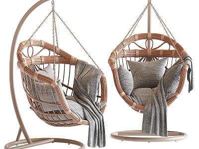 Rattan Hanging Chairs with Cozy Cushions and Blankets on Arched Stand 3d model