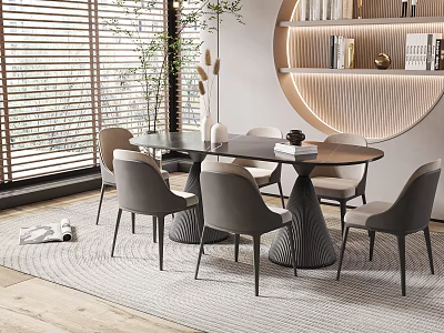 Minimalist Dining Table Set With Grey Chairs Round Top Rug And Decorative Shelves 3d model