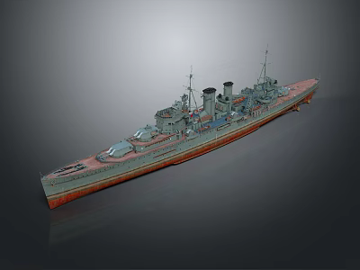 Vintage Warship Model With Gray Hull Red Bottom Superstructure Masts And Funnels 3d model