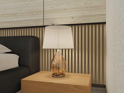 Amber Glass Table Lamp With White Fabric Shade On Wooden Nightstand By Dark Gray Bed 3d model