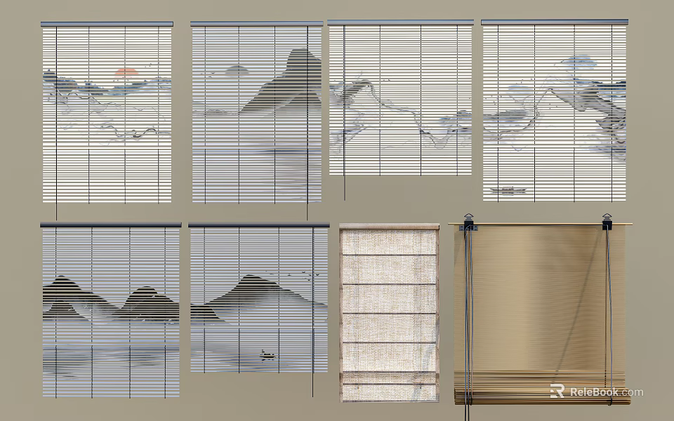 Bamboo Window Blinds With Mountain Landscape Patterns And Various Designs For Home Decor 3d model