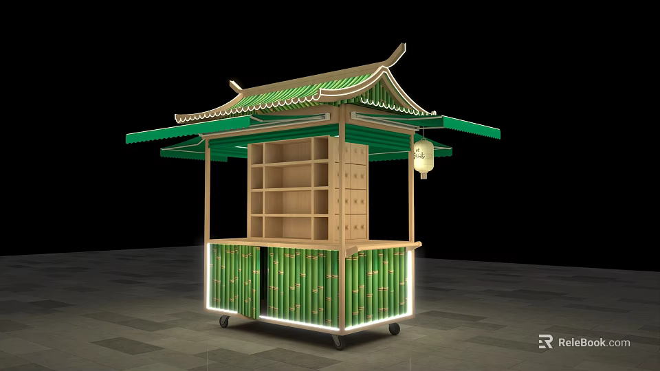 Traditional Style Commercial Outdoor Stall With Green Roof Wooden Structure Display Shelves And Lantern 3d model 