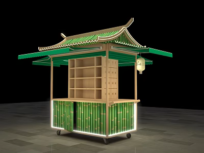 Traditional Style Commercial Outdoor Stall With Green Roof Wooden Structure Display Shelves And Lantern 3d model