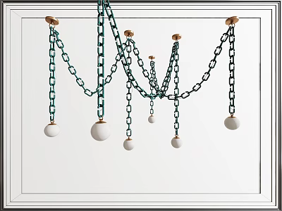 Modern Chandelier Design With Green Chains And Hanging White Balls On Ceiling 3d model