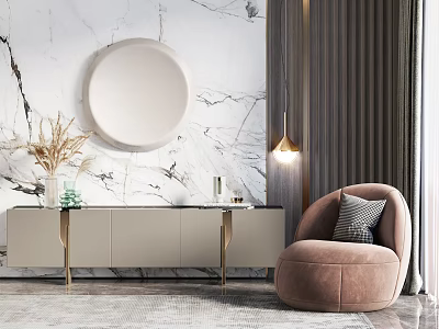 Modern Light TV Stand With Black Top Metal Legs Marble Wall Round Mirror Accent Chair 3d model
