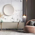 Modern Light TV Stand With Black Top Metal Legs Marble Wall Round Mirror Accent Chair