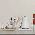 Minimalist White Kitchenware Collection With Kettle Mugs Bowl Bottles And Coffee Canisters On Tray