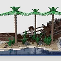 Building Blocks Island Scene with Palm Trees Shipwreck Sandy Shore and Blue Ocean