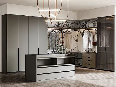 Modern Walk In Closet With Cabinets Clothes Racks And Chandelier 3d model