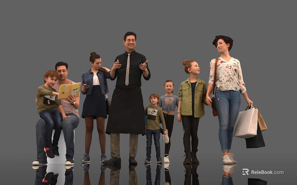Group of People Including Adults and Children Interacting and Talking With Shopping Bags and Books 3d model 
