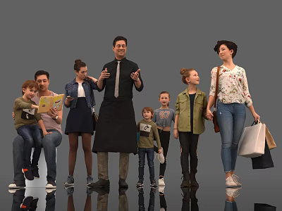 Group of People Including Adults and Children Interacting and Talking With Shopping Bags and Books 3d model
