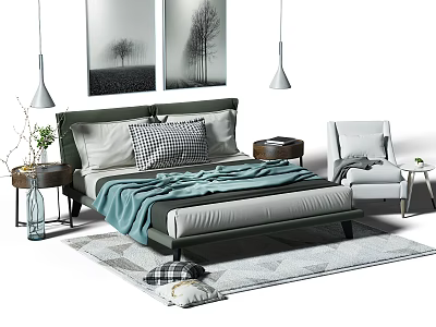 Modern Double Bed Interior With Gray Bedding Teal Throw Plaid Pillow And Wall Art 3d model
