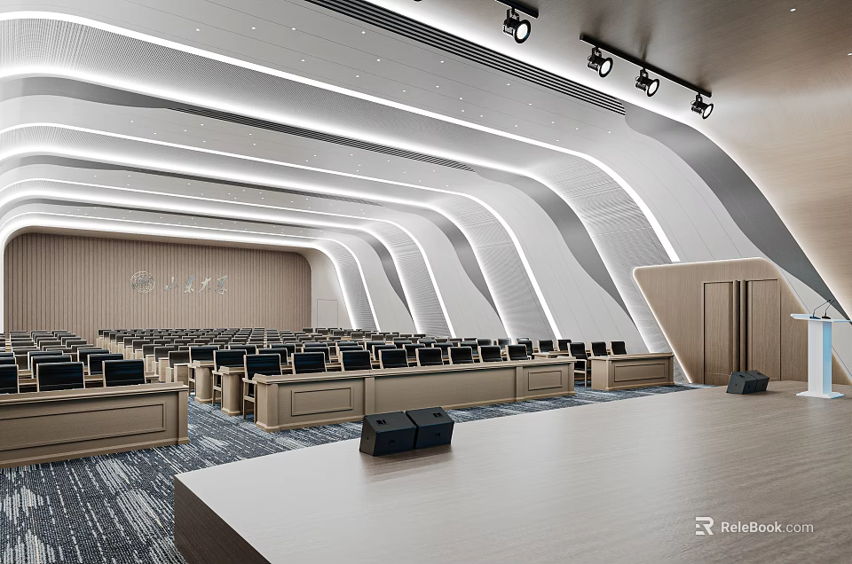 Modern Conference Room Interior Design With Curved Lines Wooden Wall Paneling Arranged Seats And Lighting 3d model 