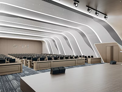Modern Conference Room Interior Design With Curved Lines Wooden Wall Paneling Arranged Seats And Lighting 3d model