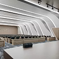 Modern Conference Room Interior Design With Curved Lines Wooden Wall Paneling Arranged Seats And Lighting