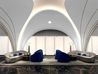 Modern Lounge Area With Curved Design Sofa Blue Armchairs And Marble Floor Lighting 3d model