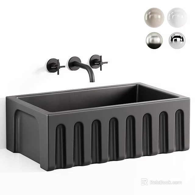 Black Rectangular Bathtub With Grooved Design And Wall Mounted Black Faucet 3d model