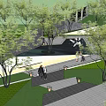 Modern Garden Landscape with Walkway Trees Lighting Installations and People Strolling