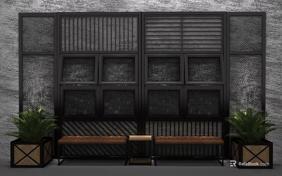 Modern Black Room Divider With Grille Mesh Panels And Textured Wall Background 3d model 