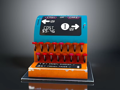 Self Service Payment Terminal With Digital Cost Display Cash Card Options And Red Buttons 3d model