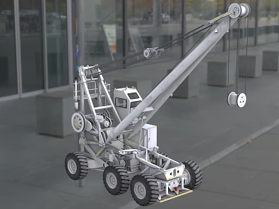 Heavy Duty Crane Utility Vehicle With Extended Arm Large Wheels And Outdoor Construction Setting 3d model