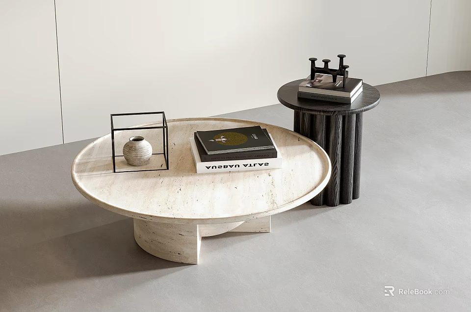 Elegant Modern Round Marble Coffee Table With Book Metal Decor And Dark Cylindrical Side Table 3d model 