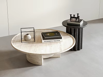Elegant Modern Round Marble Coffee Table With Book Metal Decor And Dark Cylindrical Side Table 3d model