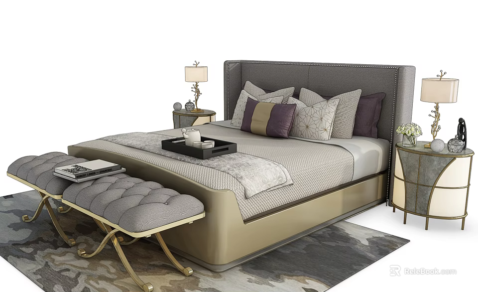 Modern Elegant Double Bed Interior With Decorative Pillows Nightstands Bench And Rug 3d model