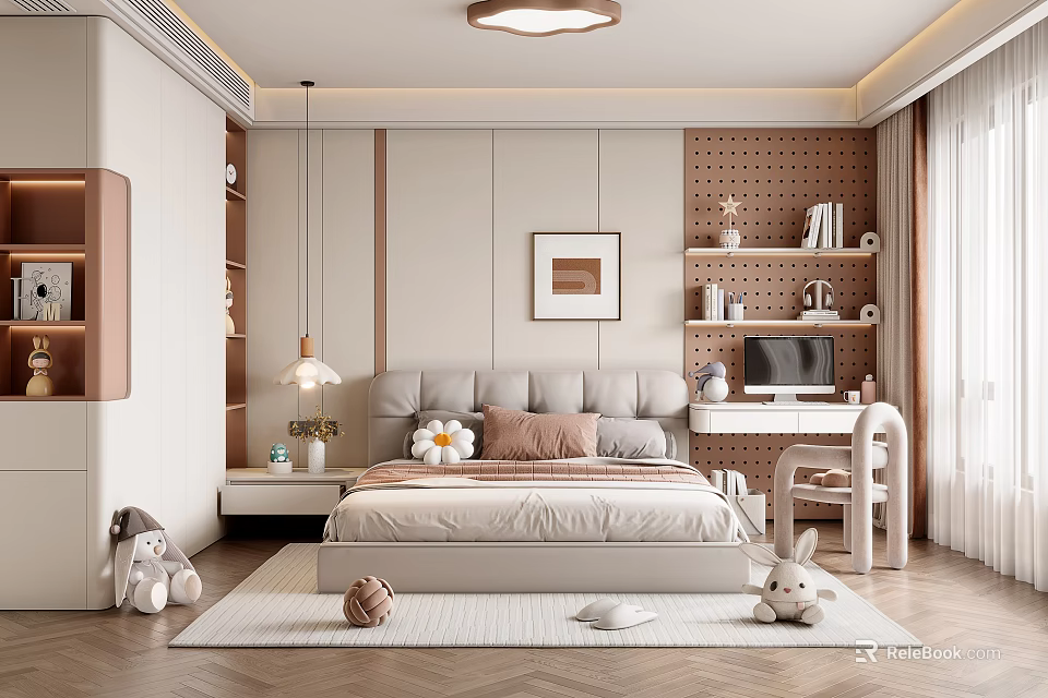 Cozy Modern Kids Room Interior With Bed Pillows Desk Computer And Rabbit Plush Toys 3d model 