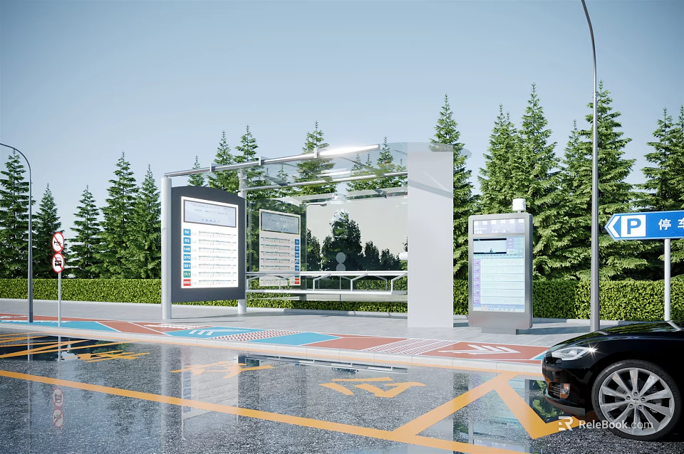 Bus Station With Transparent Shelter Information Boards Green Trees And Wet Road Near Black Car 3d model 