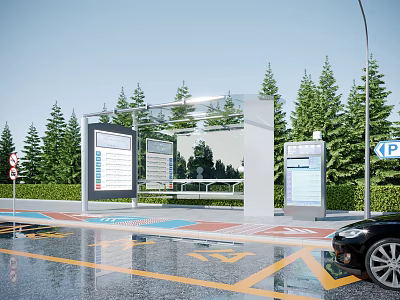 Bus Station With Transparent Shelter Information Boards Green Trees And Wet Road Near Black Car 3d model