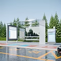 Bus Station With Transparent Shelter Information Boards Green Trees And Wet Road Near Black Car