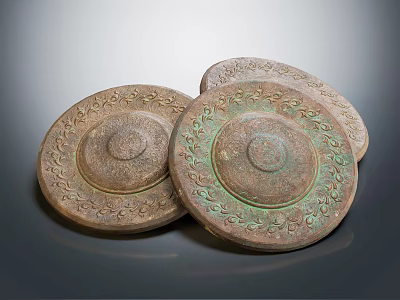 Ancient Three Circular Bronze Colored Artifacts With Intricate Carved Surface Patterns 3d model