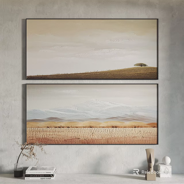 Two Textured Landscape Paintings Featuring Fields Mountains Sky And Tree On Wall 3d model