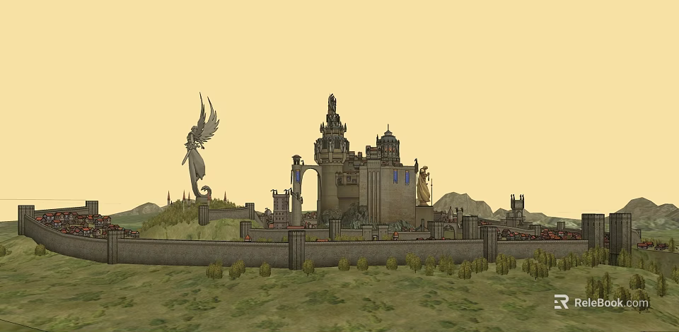 Cartoon Scene Featuring Tall Castle Angel Statue Wall and Green Mountains 3d model 