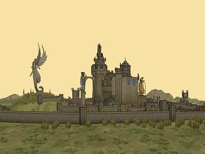 Cartoon Scene Featuring Tall Castle Angel Statue Wall and Green Mountains 3d model
