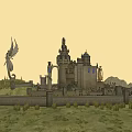 Cartoon Scene Featuring Tall Castle Angel Statue Wall and Green Mountains