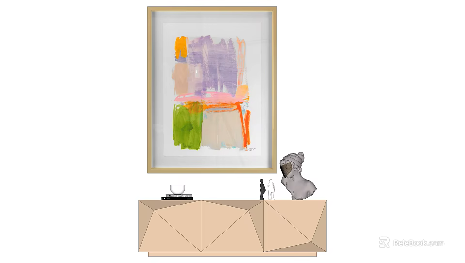 Colorful Abstract Painting On Wall Above Geometric Cabinet With Sculpture 3d model 
